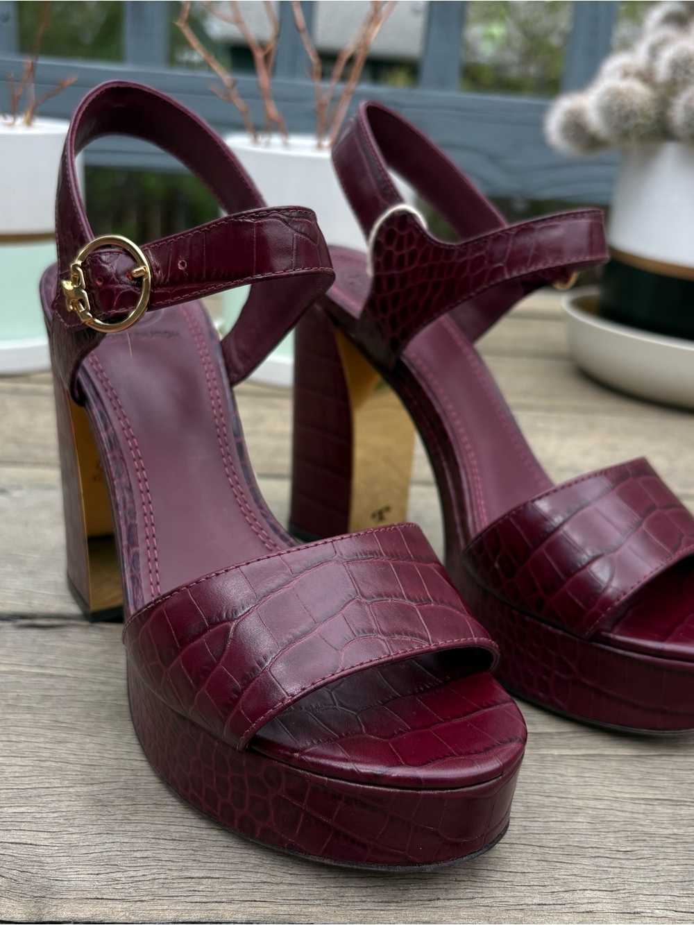New Tory Burch Croc-Embossed Platform Sandals in Burgundy